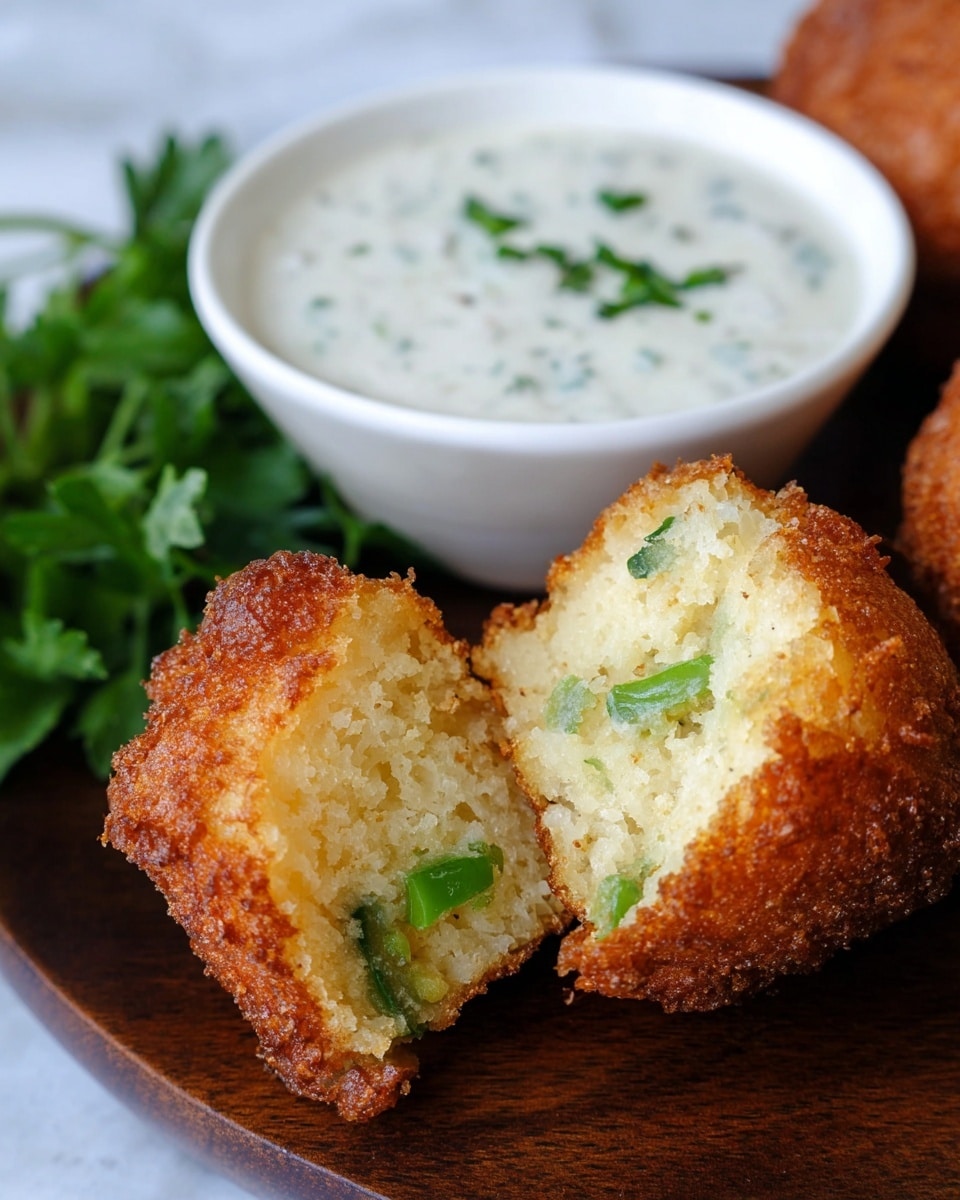 A basket lined with a red and white checkered cloth holds several golden-brown hush puppies, each round and crispy with a textured, crunchy surface showing bits of green herbs inside. In the foreground, a small white bowl contains a creamy white dipping sauce with visible small pieces of seasoning, accompanied by a brass spoon resting on its edge. The background is softly blurred with green leaves and a white marbled surface below. photo taken with an iphone --ar 4:5 --v 7