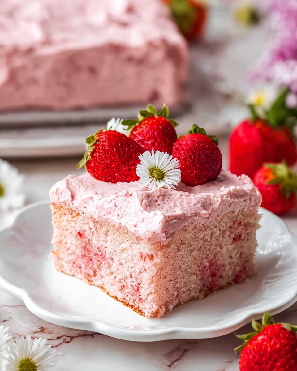 A single square piece of strawberry cake sits on a white scalloped plate against a white marbled textured background. The cake has two layers: the bottom layer is a light pink, moist sponge with visible strawberry bits inside, and the top layer is a thick, creamy pink frosting with a textured finish. On top of the frosting, there are two whole bright red strawberries with green leaves and a small white daisy flower with a green center as decoration. In the background, the remaining cake with the same frosting is visible, and there are a few scattered strawberries and daisies around the plate. Photo taken with an iphone --ar 4:5 --v 7