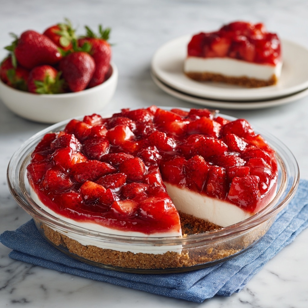The image shows a close-up of a strawberry pie with three visible layers. The bottom layer is a golden brown crumbly crust that forms the thick edge of the pie. Above this crust is a smooth, white cream layer that serves as a base for the topping. The top layer is made of large, shiny, red strawberry pieces coated in a glossy red glaze. The pie is inside a clear glass pie dish placed on a white marbled surface. Nearby, there is a white plate with a silver fork and a single strawberry on it, as well as a bowl of fresh strawberries and a blue cloth partially visible. photo taken with an iphone --ar 4:5 --v 7