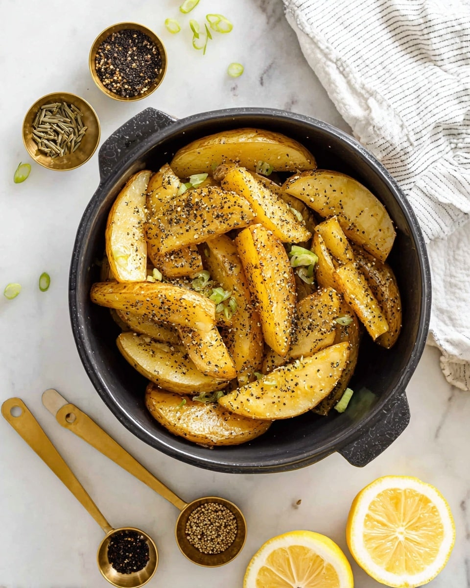 A bowl filled with thick, golden potato wedges layered unevenly inside a black cooking pot, each wedge coated with a sprinkling of black pepper and green herb flakes, with small pieces of green onion scattered over the top. Around the pot, there are golden measuring spoons containing black peppercorns, dried herbs, and ground black pepper, along with two lemon halves showing their bright yellow interior. A white marbled surface serves as the background, with a white and grey striped cloth partially visible in the upper right corner. Photo taken with an iphone --ar 4:5 --v 7