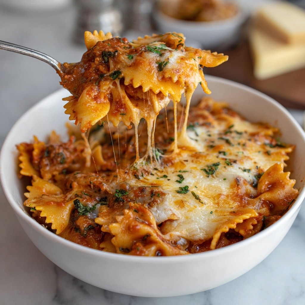 The image shows a white dish filled with baked pasta made of bow tie-shaped pieces, covered in a rich, golden-brown melted cheese layer that looks stretchy as some cheese strings pull up with a large spoon lifting a portion. The pasta underneath is orange-red from the sauce, mixed with bits of browned ground meat and small tomato pieces. The cheese layer on top is bubbly and smooth, blending well with the saucy pasta below. The dish sits on a white marbled surface with a soft focused fork and a green leafy garnish in the background. Photo taken with an iphone --ar 4:5 --v 7