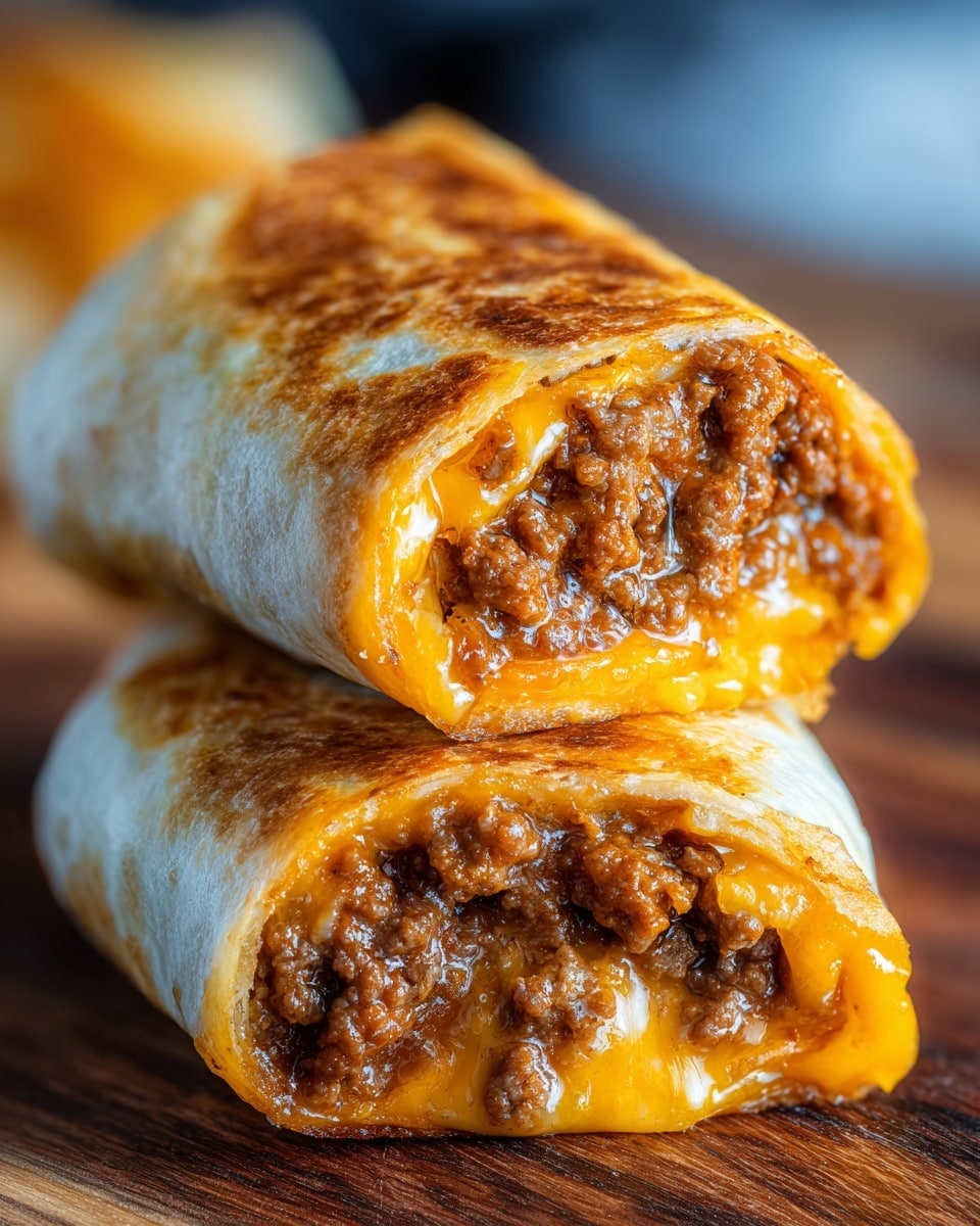 The image shows two burritos cut in half, stacked on a wooden surface. Each burrito has a golden-brown, crispy outer tortilla layer with a slightly oily texture. Inside, there are two visible layers: a thick layer of melted, bright orange cheddar cheese close to the tortilla, and a generous filling of cooked ground beef with a rich, dark brown color and juicy texture. The burst of cheese oozes slightly, highlighting the warmth and freshness of the dish. The background is softly blurred to keep the focus on the burritos. photo taken with an iphone --ar 4:5 --v 7