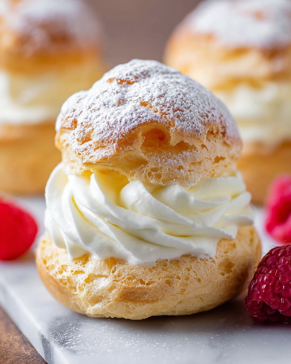 A close-up view of a two-layer cream puff with a light golden brown, slightly rough and flaky top layer dusted with powdered sugar; the middle layer is a thick and smooth white whipped cream with soft folds, and the bottom layer is a slightly shiny, golden brown, airy pastry base with a bumpy texture. The cream puff sits on a white marbled surface, with bright red raspberries nearby adding a fresh contrast. Photo taken with an iphone --ar 4:5 --v 7