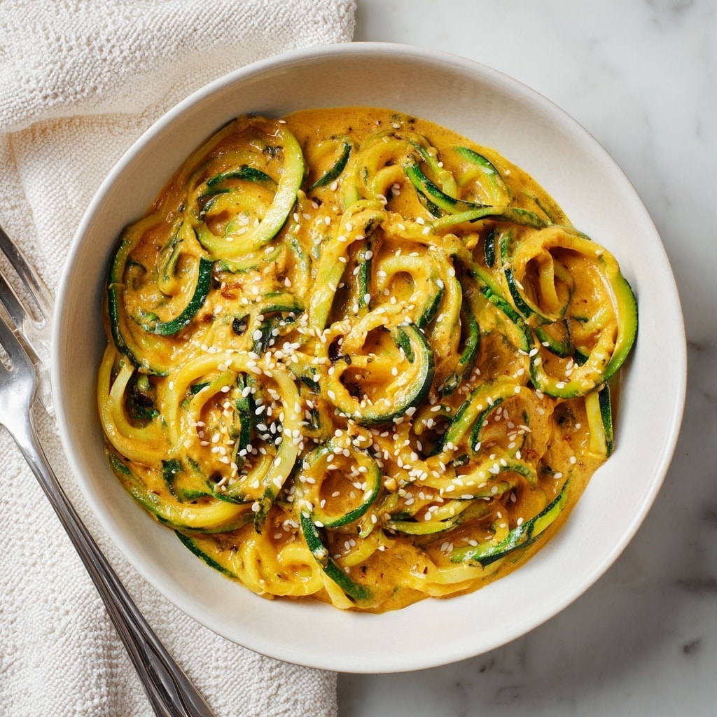 A white bowl filled with spiral-cut green zucchini noodles mixed evenly with a creamy, orange-colored sauce that coats each noodle fully, giving a shiny and slightly thick texture. The noodles have a soft, curved shape with bright green and pale inner colors visible under the sauce. The dish is topped with small, light beige sesame seeds scattered all over, adding a gentle contrast. The bowl sits on a white marbled surface with a white fork partially visible next to it. photo taken with an iphone --ar 4:5 --v 7