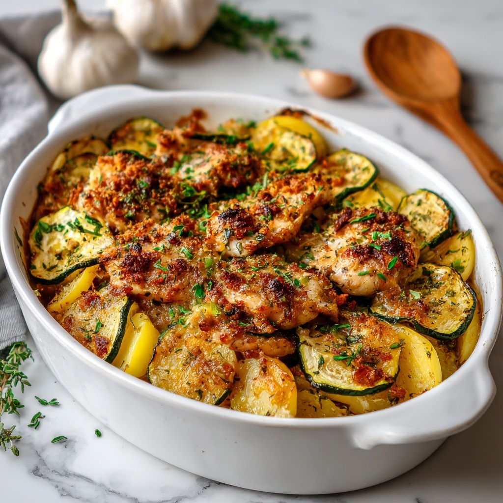 The image shows a white oval baking dish filled with cooked chicken thighs on top of sliced green zucchini. The chicken is golden brown with a crispy coating, sprinkled with chopped green herbs and a red spice, likely paprika, adding texture and color. The zucchini slices underneath are tender and mixed throughout the dish, visible around the edges and between the chicken pieces. Next to the dish, there is a white bowl filled with plain white rice, served on a white marbled surface. Scattered green herb leaves add a fresh touch around the dishes. Photo taken with an iphone --ar 4:5 --v 7