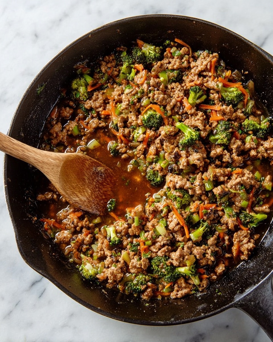 A black cast iron skillet filled with cooked ground meat mixed with small pieces of bright green broccoli and thin strips of orange carrot, all coated in a shiny, rich brown sauce that pools slightly around the edges. A wooden spoon near the bottom left side is stirring the ingredients, showing the chunky texture of the meat and crisp vegetables. The skillet sits on a white marbled surface, creating a clean, simple background. photo taken with an iphone --ar 4:5 --v 7