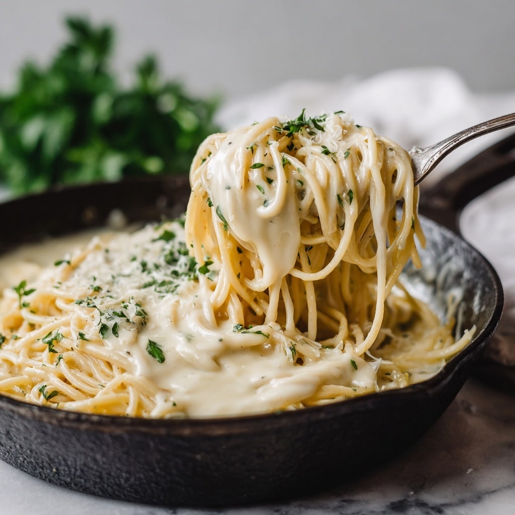 This image shows creamy spaghetti pasta coated evenly with a thick, smooth, off-white sauce inside a dark, textured cast iron pan. The pasta strands are long and twisted together, with some gathered in a silver metal utensil lifting from the pan, showing the glossy, rich sauce clinging to each strand. In the background, fresh green parsley leaves add a soft contrast against a white marbled texture. photo taken with an iphone --ar 4:5 --v 7