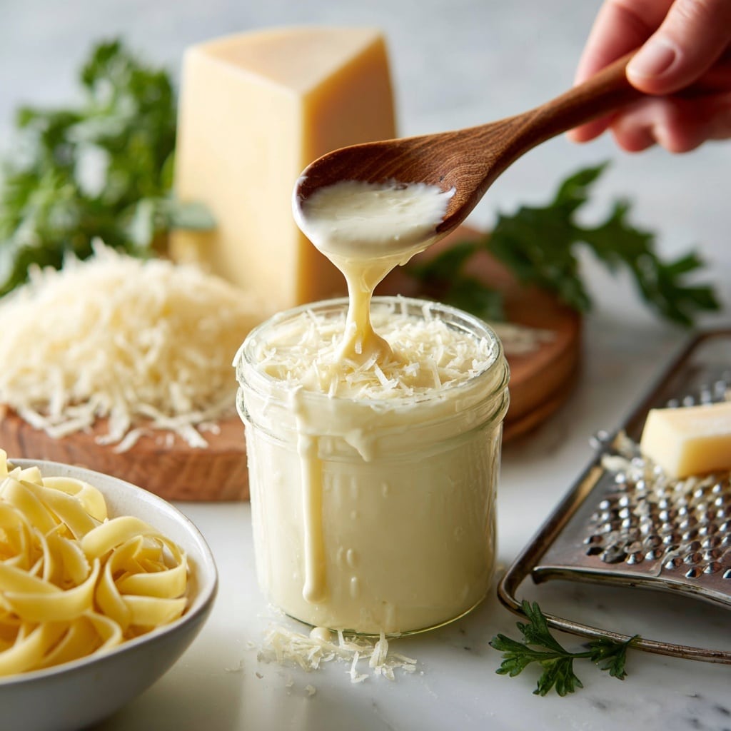 A creamy off-white sauce with a thick and smooth texture is shown in a small clear glass jar, with some sauce dripping down its side. Above the jar, a wooden spoon covered in the same sauce is held by a woman's hand just out of frame. In the background and around the jar, grated cheese and a large block of pale yellow cheese rest on a metal grater on a white marbled surface. A few green parsley leaves are visible on the left, and a portion of cooked pale yellow fettuccine pasta sits in a white bowl at the bottom left corner. The setting has bright, natural lighting. Photo taken with an iphone --ar 4:5 --v 7