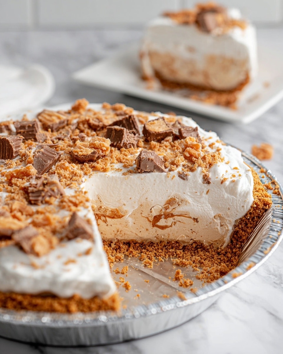 A close-up view of a pie in a foil pan with one slice removed, showing four distinct layers. The bottom layer is a thick, crumbly light brown crust, followed by a creamy tan filling with bits of chocolate and caramel swirled inside. Above the filling is a thick, smooth, white whipped topping layer. The top layer is sprinkled with crushed candy pieces in shades of light to dark brown with a crumbly texture. In the background, a white square plate holds the removed slice, also topped with whipped cream and candy pieces, all set on a white marbled surface. photo taken with an iphone --ar 4:5 --v 7