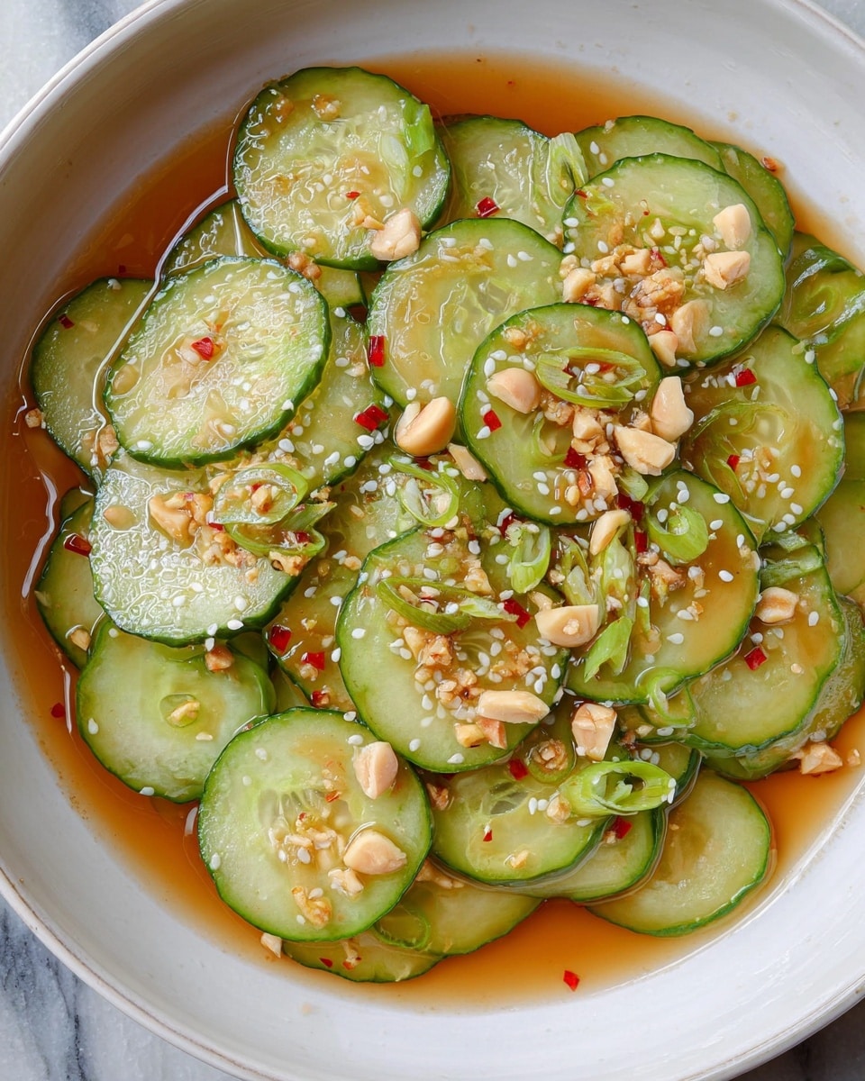 The image shows a close-up of a single layer of thinly sliced cucumber rounds with green edges and pale green centers, arranged irregularly on a white marbled surface. The cucumber slices are slightly wet and glistening, with small pieces of minced garlic and red chili flakes scattered on top, adding specks of white and red. The texture of the cucumber is smooth and fresh, with visible seeds inside each slice. photo taken with an iphone --ar 4:5 --v 7