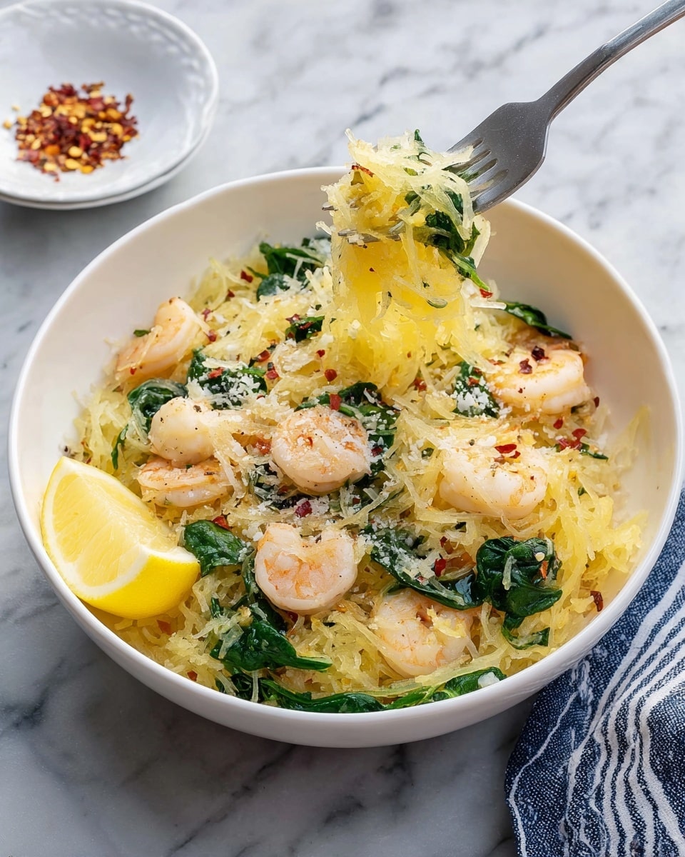 A white bowl filled with a dish of pale yellow spaghetti-like strands of cooked spaghetti squash mixed with light pink cooked shrimp and bright green spinach leaves scattered throughout. A wedge of fresh yellow lemon rests on one side of the bowl. The dish is topped with a sprinkling of white grated cheese and small red chili flakes, giving a textured look. A silver fork holds a few strands of squash, spinach, and shrimp above the bowl. The bowl sits on a white marbled surface next to a white plate with crushed red pepper flakes and a blue and white striped cloth. Photo taken with an iphone --ar 4:5 --v 7