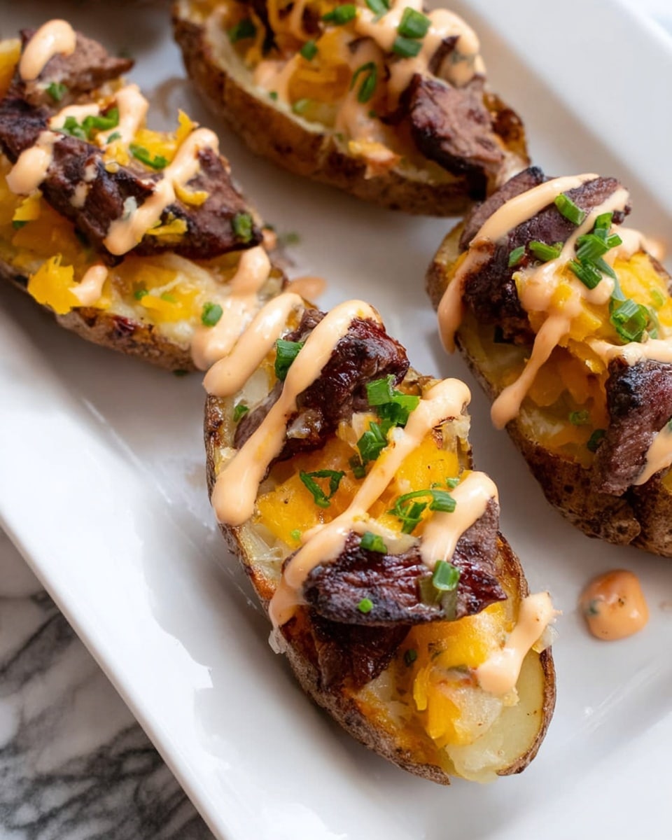 The image shows several potato halves arranged on a white plate with a white marbled background. Each potato half has a rough brown outer skin and a soft, pale inside. The potatoes are topped with yellow melted cheese pieces, small green herb bits, and thick, dark brown grilled meat chunks. A pale orange creamy sauce is drizzled in thin lines over the meat and potatoes, adding a smooth texture contrast. The overall presentation highlights layered colors from the light cream potato, bright yellow cheese, dark meat, and sauce on top. photo taken with an iphone --ar 4:5 --v 7