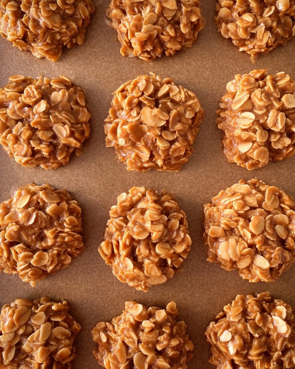 The image shows multiple round clusters of almond cookies arranged neatly on a baking sheet. Each cookie is made up of thin, light brown almond slices mixed with a sticky, caramel-colored coating, creating a rough, bumpy texture. The almond clusters are evenly spaced and have an irregular, slightly thick shape, with the almond pieces clearly visible on the surface. The baking sheet beneath has a soft brown color that contrasts with the candies. The photo is taken from above, showing the full shape and texture of each cookie. photo taken with an iphone --ar 4:5 --v 7