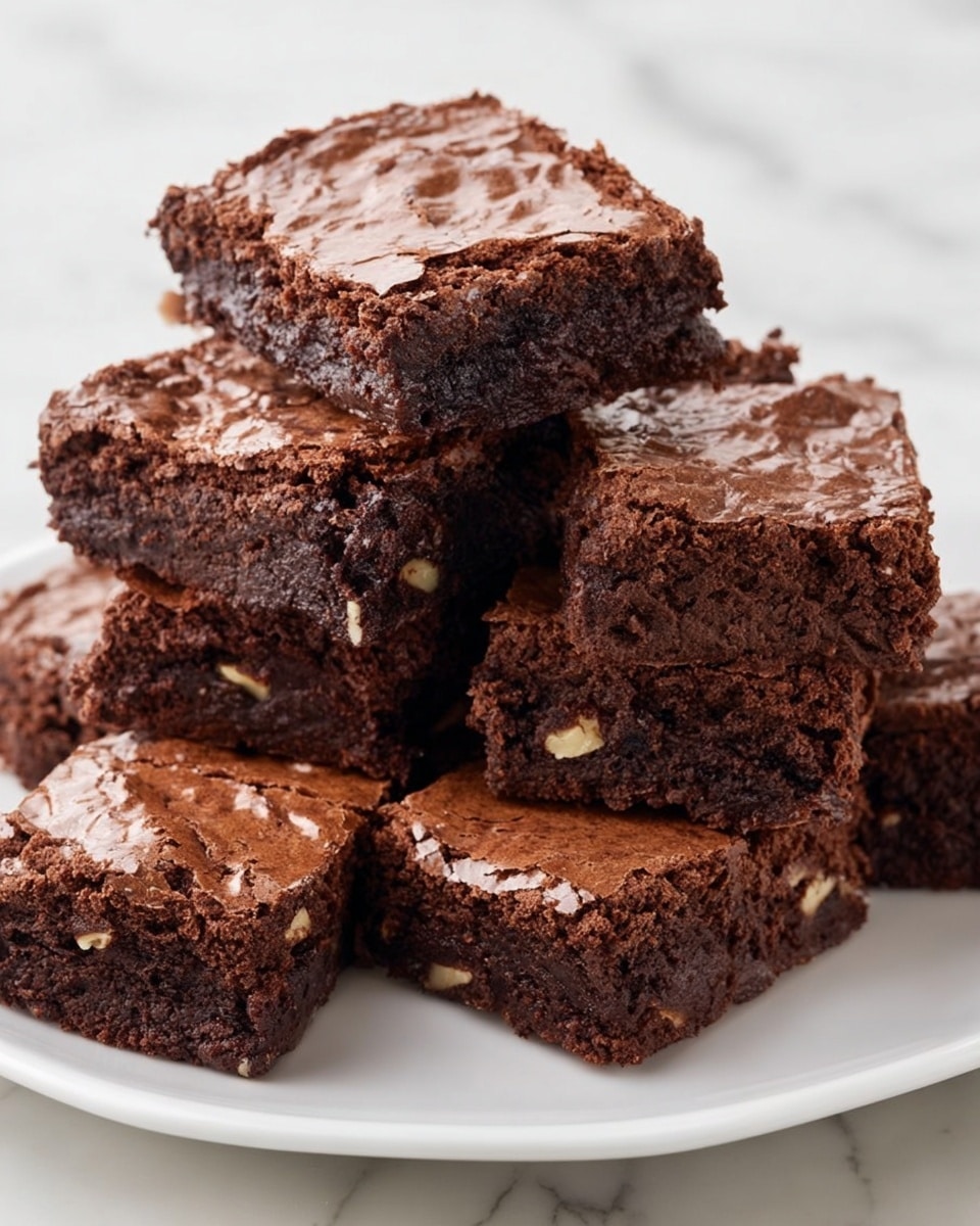 A white plate is stacked high with seven square pieces of rich chocolate brownies. Each brownie has a slightly cracked, glossy top layer with a dark brown color, showcasing a chewy and moist texture. The inside of the brownies is dense and fudgy with visible small chunks of nuts embedded throughout. The brownies are stacked unevenly, some overlapping others, giving a casual and inviting look. The background is a white marbled surface that contrasts with the deep brown brownies. photo taken with an iphone --ar 4:5 --v 7