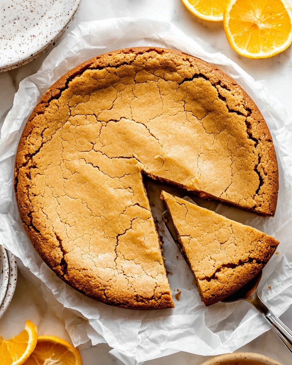 A round golden brown cookie cake with a slightly cracked top and a darker, crispier edge sits on wrinkled white paper over a white marbled texture. One triangular slice is cut and being lifted with a silver spatula, showing the thick, soft inside that matches the top color. Near the bottom left corner, part of stacked white speckled plates are visible, and the top right corner shows two orange slices, all on the white marbled surface. photo taken with an iphone --ar 4:5 --v 7