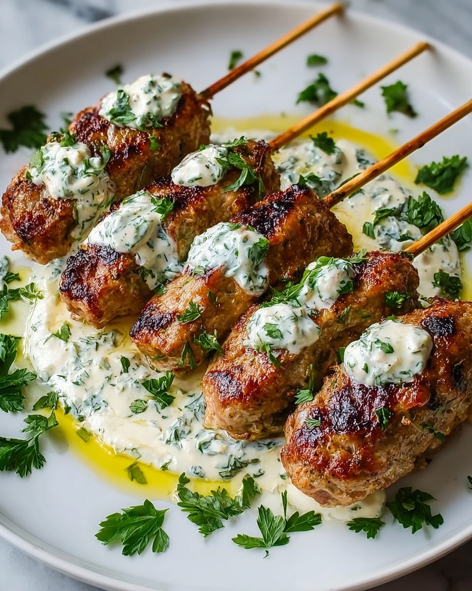 The image shows several grilled meat kebabs arranged closely together on a dark grill pan, each kebab a single layer of browned and slightly charred ground meat mixed with small bits of green herbs and red spices, giving a speckled look. The meat has a rough, uneven texture with some grill marks visible. Bright green chopped herbs are scattered on top of the kebabs and around the pan edges, adding color contrast. In the blurred background, hints of fresh vegetables can be seen, with some leaves in focus near the corners of the image. The scene is set against a white marbled surface. photo taken with an iphone --ar 4:5 --v 7