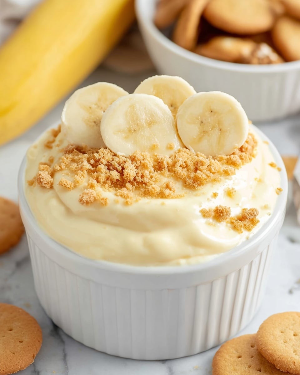 A white ramekin filled with a creamy, slightly textured white mousse topped with small crumbled light brown cookie pieces and pale yellow banana slices, visible near the top edge of the ramekin. In the foreground, a woman's hand is holding a small light brown cookie dipped halfway into the mousse, showing both the smooth cream and crunchy cookie texture clearly. The background is softly blurred with a white marbled surface underneath, and out-of-focus whole bananas and a bowl of cookies are present. photo taken with an iphone --ar 4:5 --v 7