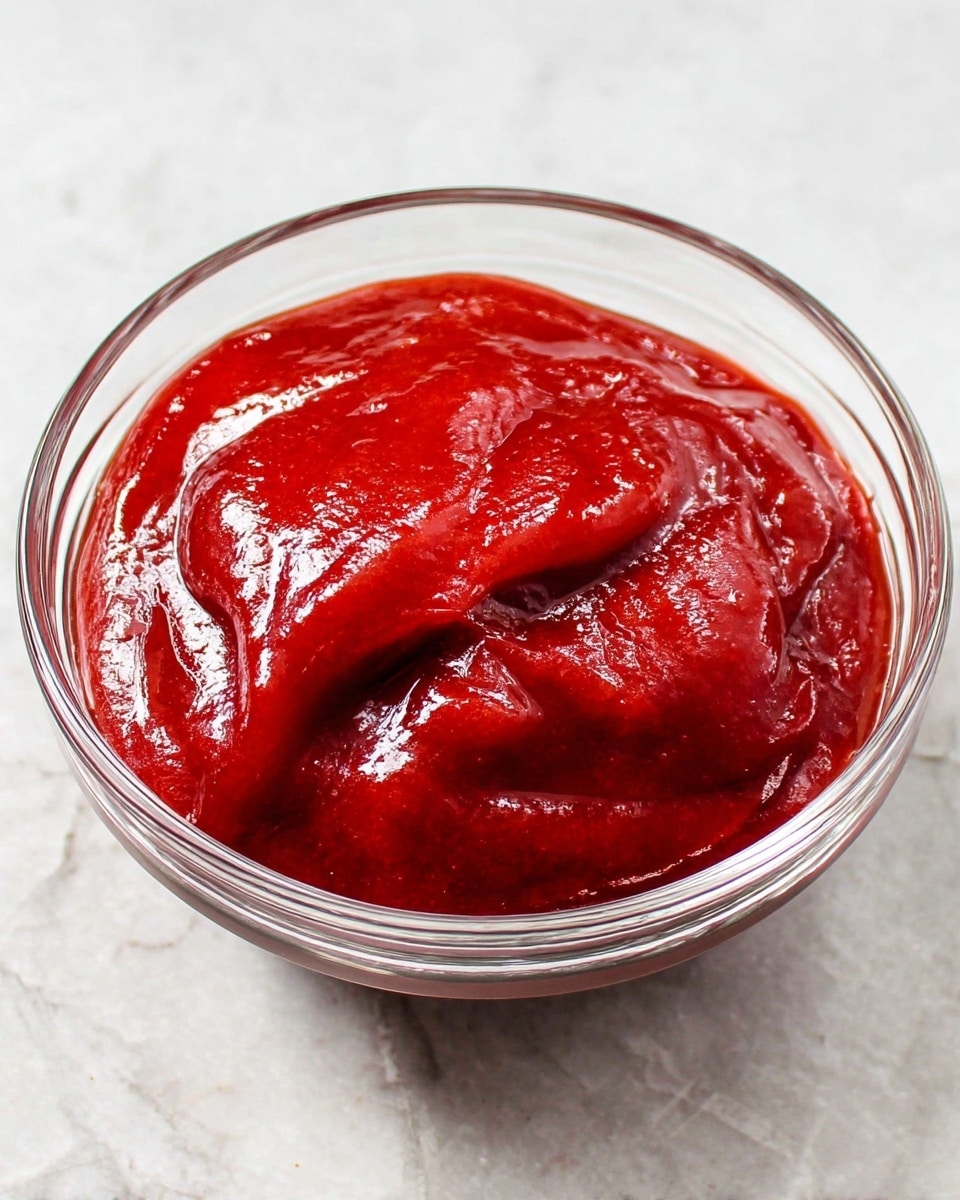 A clear glass bowl filled with a thick, glossy, bright red sauce that has a smooth yet slightly textured surface, showing some folds and peaks of the sauce piled in the center and spreading outward, sitting on a white marbled texture. photo taken with an iphone --ar 4:5 --v 7