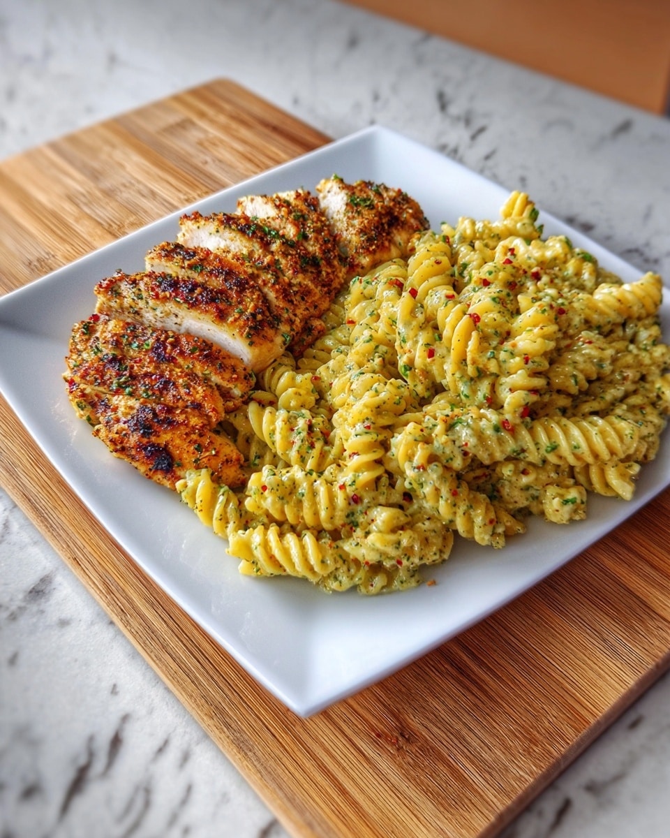 A white square plate holds a meal with two main parts: on the left, several slices of grilled chicken with a golden-brown, slightly charred crust speckled with green herbs; on the right, a creamy pasta of spiral rotini coated in a light yellow sauce with visible green herbs and small red chili flakes mixed throughout. The plate rests on a light wooden cutting board over a white marbled textured surface. Photo taken with an iphone --ar 4:5 --v 7