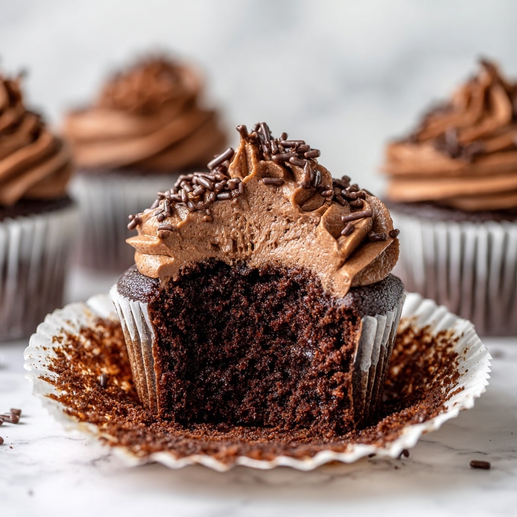 A single dark chocolate cupcake with a deep black-brown base wrapped in a ridged white paper liner, topped with a thick swirl of smooth, creamy milk chocolate frosting. The frosting is decorated with small, thin chocolate sprinkles scattered on top and a few around the base on a white marbled surface. The cupcakes in the background are blurred, keeping focus on the close-up texture of the frosting and cake. photo taken with an iphone --ar 4:5 --v 7