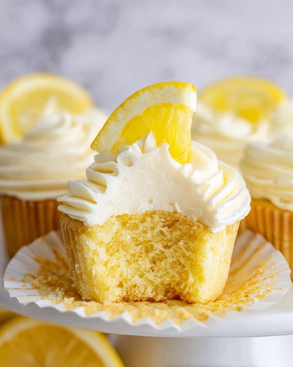 A white cake stand with a wooden base holds six lemon cupcakes arranged in a circle, each cupcake has a layer of pale yellow cake topped with a swirl of creamy, light yellow frosting, and each frosting swirl is decorated with a thin slice of lemon placed at the back. The stand is set on a white marbled surface with a folded green cloth beneath it. In front, there is a halved lemon showing its bright yellow flesh. The background has a soft white marbled texture. photo taken with an iphone --ar 4:5 --v 7