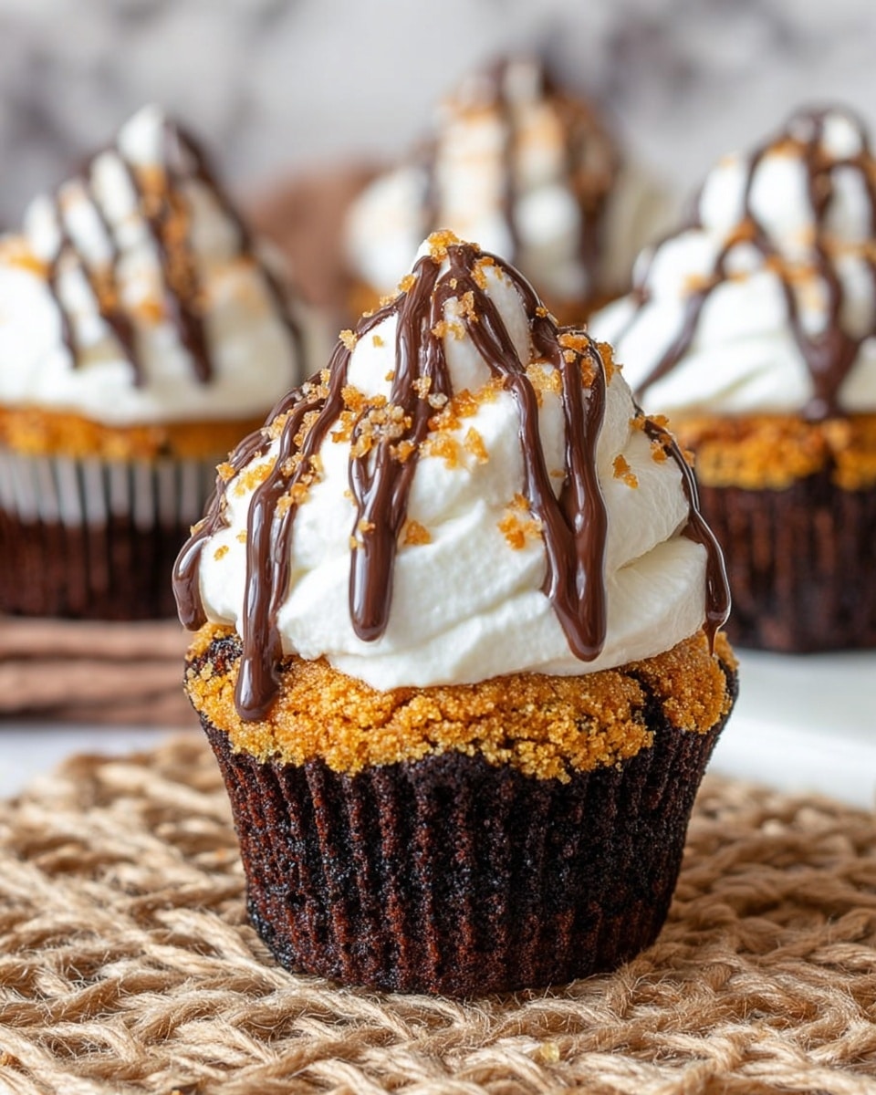 A group of chocolate cupcakes sits close together on a round wooden board. Each cupcake has a dark brown cake base with a light brown paper liner. On top, there is a tall swirl of fluffy white frosting, smooth and creamy in texture. The frosting is decorated with thin, dark chocolate drizzle lines flowing down the sides, some dripping slightly onto the base. Small golden crumbs are sprinkled lightly on the frosting, adding texture and color contrast. The photo is taken with a white marbled texture in the background, giving a clean and elegant look. photo taken with an iphone --ar 4:5 --v 7