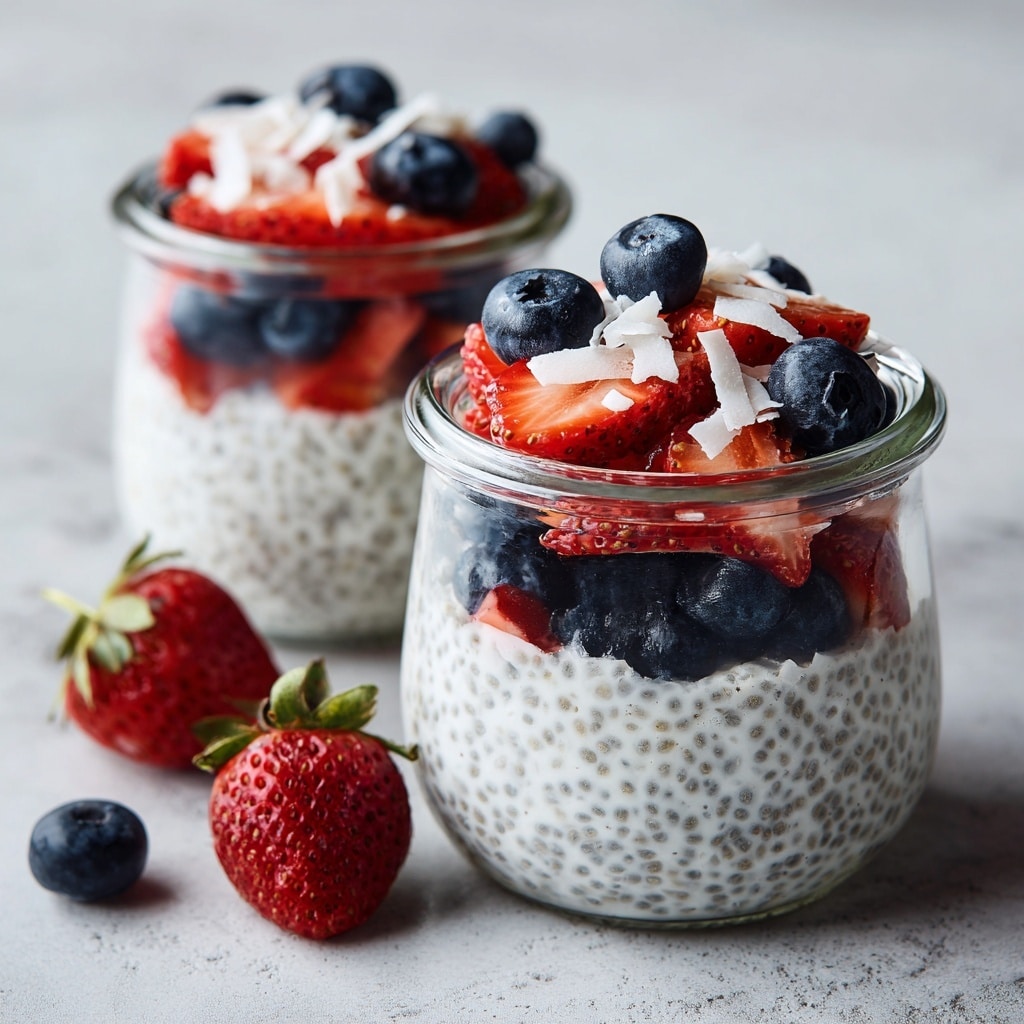 Two clear glass jars are filled with three layers. The bottom and largest layer contains white chia pudding with visible black seeds, having a creamy texture. The top layer shows a mix of bright red sliced strawberries and round dark blue blueberries, with some white shredded coconut sprinkled on top. The jars sit on a white marbled textured surface with a few scattered strawberries and blueberries nearby. Photo taken with an iphone --ar 4:5 --v 7