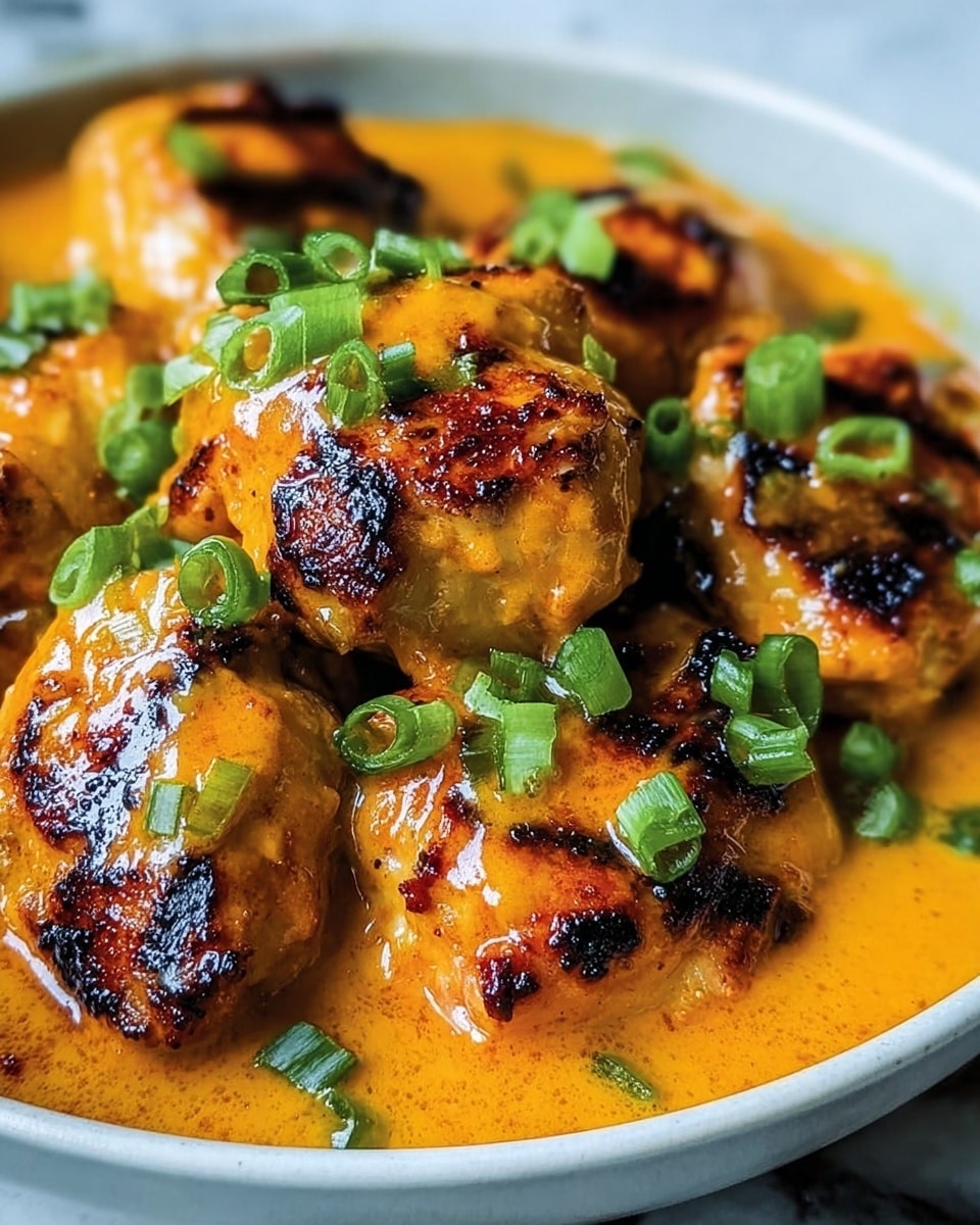 The image shows a close-up of several golden-brown, grilled chicken pieces covered in a thick, bright orange sauce. The chicken has char marks giving it a slightly crispy texture and is sprinkled with chopped, fresh green onions on top. The dish sits in a white bowl filled with extra sauce, contrasting with the rich colors of the chicken and garnish. The background is a white marbled texture. photo taken with an iphone --ar 4:5 --v 7