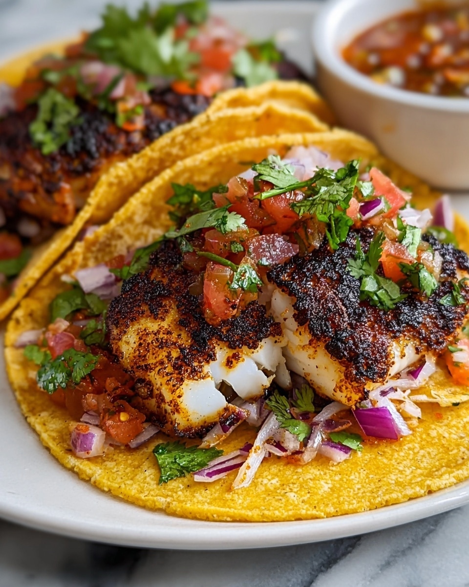 Two tacos are placed side by side on a white plate, each made with a soft yellow corn tortilla as the base layer. On top of each tortilla, there is a layer of small red tomato pieces mixed with finely chopped green cilantro. Above this, two thick pieces of grilled fish with a browned, slightly charred surface sit prominently, showing a white flaky texture inside. Scattered on the fish are bits of chopped red onion and fresh cilantro leaves, adding a mix of purple and green colors. A white bowl with sauce and some more chopped red onions and cilantro can be seen at the edge of the frame. The setting is on a white marbled surface. Photo taken with an iphone --ar 4:5 --v 7