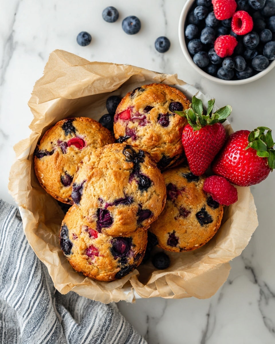 A white bowl lined with light brown parchment paper holds five golden-brown muffins, each studded with dark purple blueberries and red strawberry pieces, showing a soft and slightly crumbly texture. Around the muffins inside the bowl, there are fresh whole strawberries with green leaves, some scattered plump blueberries, and a few bright red raspberries. Behind this bowl, a small white bowl filled with more fresh blueberries and another white bowl with strawberries appear on a white marbled surface. A soft, striped gray and white cloth is casually placed at the bottom edge. The image has bright natural light. photo taken with an iphone --ar 4:5 --v 7