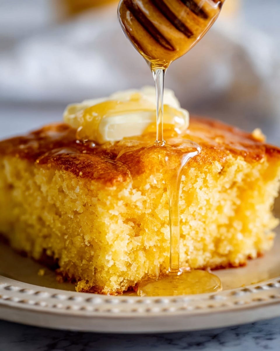 A round, golden-brown cornbread with a slightly rough, crispy top layer sits in a black cast iron skillet. In the center, a soft, melting pat of white butter contrasts with the warm tones of the bread. The skillet rests on a white marbled surface, partially over a blue and white striped cloth. Nearby, there is a glass bowl filled with amber honey with a honey dipper resting on its edge. The overall look is warm and inviting, with a mix of textures from the crumbly cornbread to the smooth honey. photo taken with an iphone --ar 4:5 --v 7