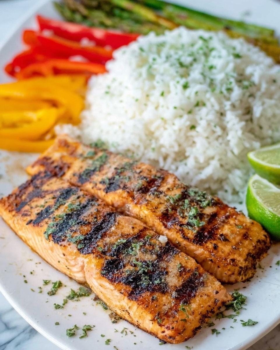 The image shows a white plate with two grilled salmon fillets in the front, both having golden brown grill marks and sprinkled with green herbs. Behind the salmon, there is a mound of white rice topped with small green herb pieces. In the top left corner of the plate, there are colorful slices of red, yellow, and green vegetables arranged neatly. Two lime wedges are placed on the right side of the plate. The whole dish is set on a white marbled surface. photo taken with an iphone --ar 4:5 --v 7