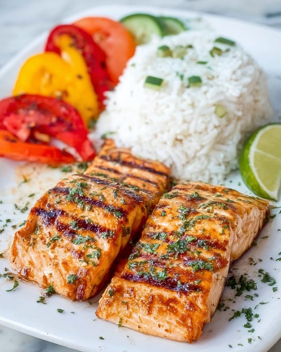 The image shows two grilled salmon fillets placed side by side on a white plate, each fillet marked with dark grill lines and sprinkled with green herbs, giving a slightly charred and seasoned look. Behind the salmon is a generous serving of white rice with small green herb sprinkles on top, occupying the upper half of the plate. In the top left corner, there are colorful sliced vegetables including red and yellow bell peppers and asparagus, arranged in a row. To the right of the salmon, there are two lime wedges adding a fresh green touch. The plate sits on a white marbled surface. photo taken with an iphone --ar 4:5 --v 7