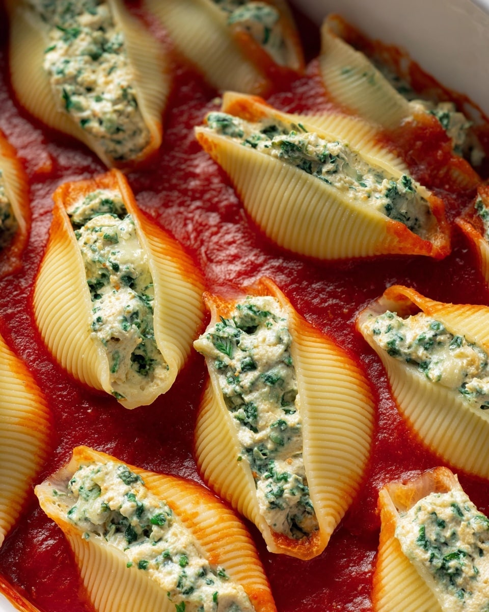 The image shows a white baking dish filled with three rows of large pasta shells, each shell stuffed with a creamy white and green spinach and cheese mixture. The pasta shells are placed on a thin layer of bright red tomato sauce that covers the bottom of the dish. Additional dollops of chunky red tomato sauce are spread unevenly over the top of the stuffed shells, creating a mix of creamy and saucy textures. The dish is set on a white marbled surface. photo taken with an iphone --ar 4:5 --v 7