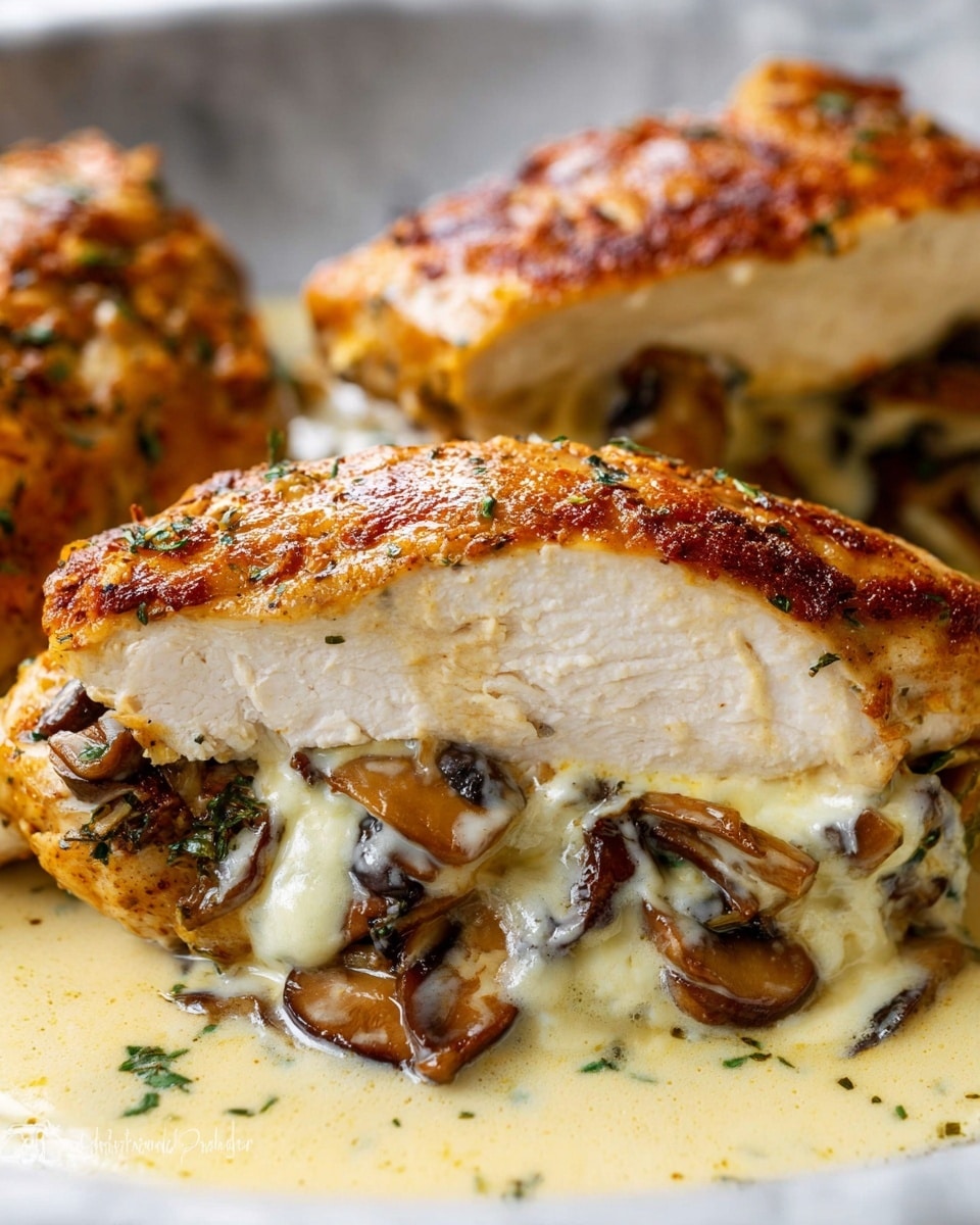 The image shows two pieces of golden brown cooked chicken breasts stuffed with creamy mushroom filling. The chicken skin is crispy and browned on top, while the inside is filled with a thick, white sauce mixed with chunks of mushrooms and herbs. Around the chicken breasts, there are whole and sliced brown mushrooms resting in the creamy sauce, which spreads out on a white plate. The plate sits on a white marbled surface, adding a clean and simple background. photo taken with an iphone --ar 4:5 --v 7