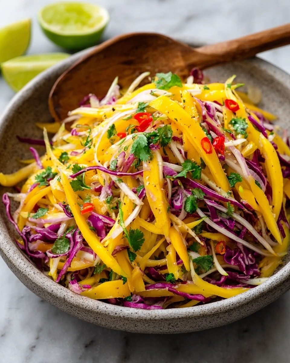 A large bowl filled with a colorful salad made of thin strips of yellow mango, purple cabbage, and white onions mixed with small pieces of red chili and fresh green cilantro leaves scattered on top. Two lime wedges are placed in the background, softly blurred. The bowl is on a white marbled surface, with a wooden spoon resting nearby. The salad looks fresh and vibrant with bright, contrasting colors and a light, juicy texture. photo taken with an iphone --ar 4:5 --v 7