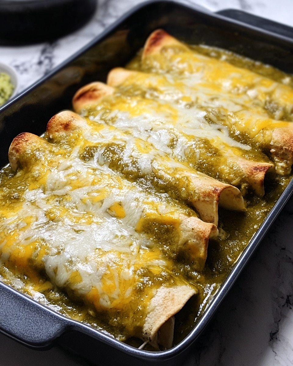 The image shows a black baking dish filled with six rolled enchiladas covered in melted cheese and green salsa. The enchiladas are placed side by side in a single layer, with the top covered by a golden-yellow and white mix of melted cheese showing a stretchy texture. Bright green salsa blankets the enchiladas, pooling slightly around the edges. Some cilantro leaves are scattered over the cheese for a fresh green touch. A silver fork lifts one enchilada at the front, revealing the gooey, melted cheese stretching as it pulls away. The dish sits on a white marbled surface. photo taken with an iphone --ar 4:5 --v 7