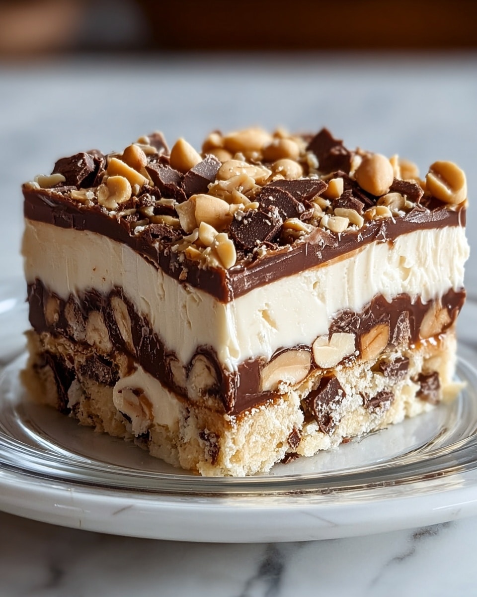 A close-up of a layered dessert square on a clear glass plate, placed on a white marbled texture. The dessert has five visible layers: a dark crumbly base with crushed nuts, a smooth peanut butter-colored layer, a thin shiny chocolate layer, a thick white cream layer with pieces of nuts inside, and a glossy chocolate topping sprinkled with small chunks of nuts and caramel pieces. Photo taken with an iphone --ar 4:5 --v 7
