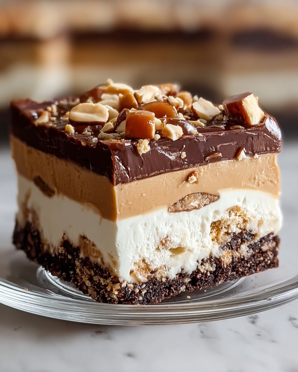 A close-up of a square dessert with three layers on a clear glass plate, placed on a white marbled surface. The bottom layer is a mix of light beige cake chunks and dark brown chocolate pieces. The thick middle layer is a smooth, creamy off-white with bits of crushed nuts inside. The top layer is covered with chunks of dark chocolate and chopped peanuts scattered all over, showing a rough, crunchy texture. The dessert edges are clean and sharp, showing distinct layers. Photo taken with an iphone --ar 4:5 --v 7