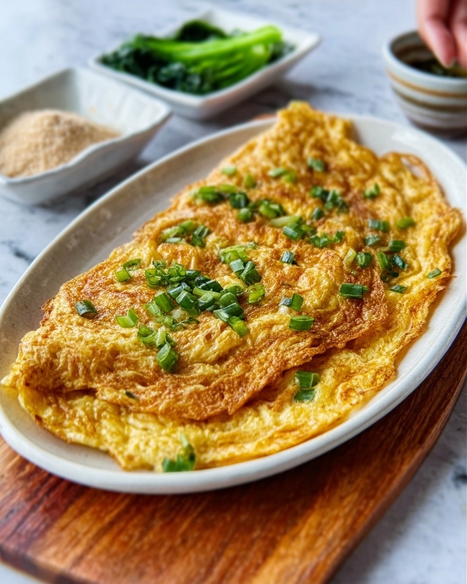The image shows a golden brown omelette with a slightly crispy texture on the edges, laid flat on a white oval plate. The omelette has small green pieces of chopped scallions spread evenly on top, adding a fresh contrast to the warm yellow color. The plate is set on a wooden board, with a white marbled surface visible around it. In the background, there are small white dishes with side items, including a green leafy vegetable and a beige powdery condiment. A woman's hand is partly seen reaching toward the plate. Photo taken with an iphone --ar 4:5 --v 7