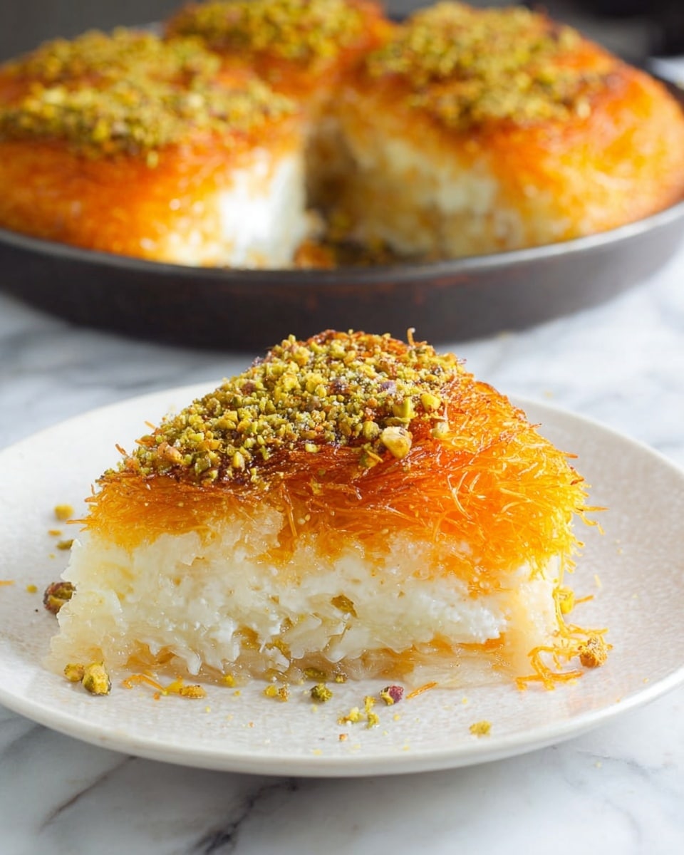The image shows a round dessert with two visible layers on a white marbled surface. The bottom layer is white and looks soft and shredded, while the top layer is golden brown and crisp. The dessert is topped with a crumbly greenish powder, likely ground pistachios, sprinkled mainly around the edges and the center. A slice is cut out, revealing the white shredded layer inside. Next to the dessert, there is a knife and a red spatula with some crumbs on them. Photo taken with an iphone --ar 4:5 --v 7