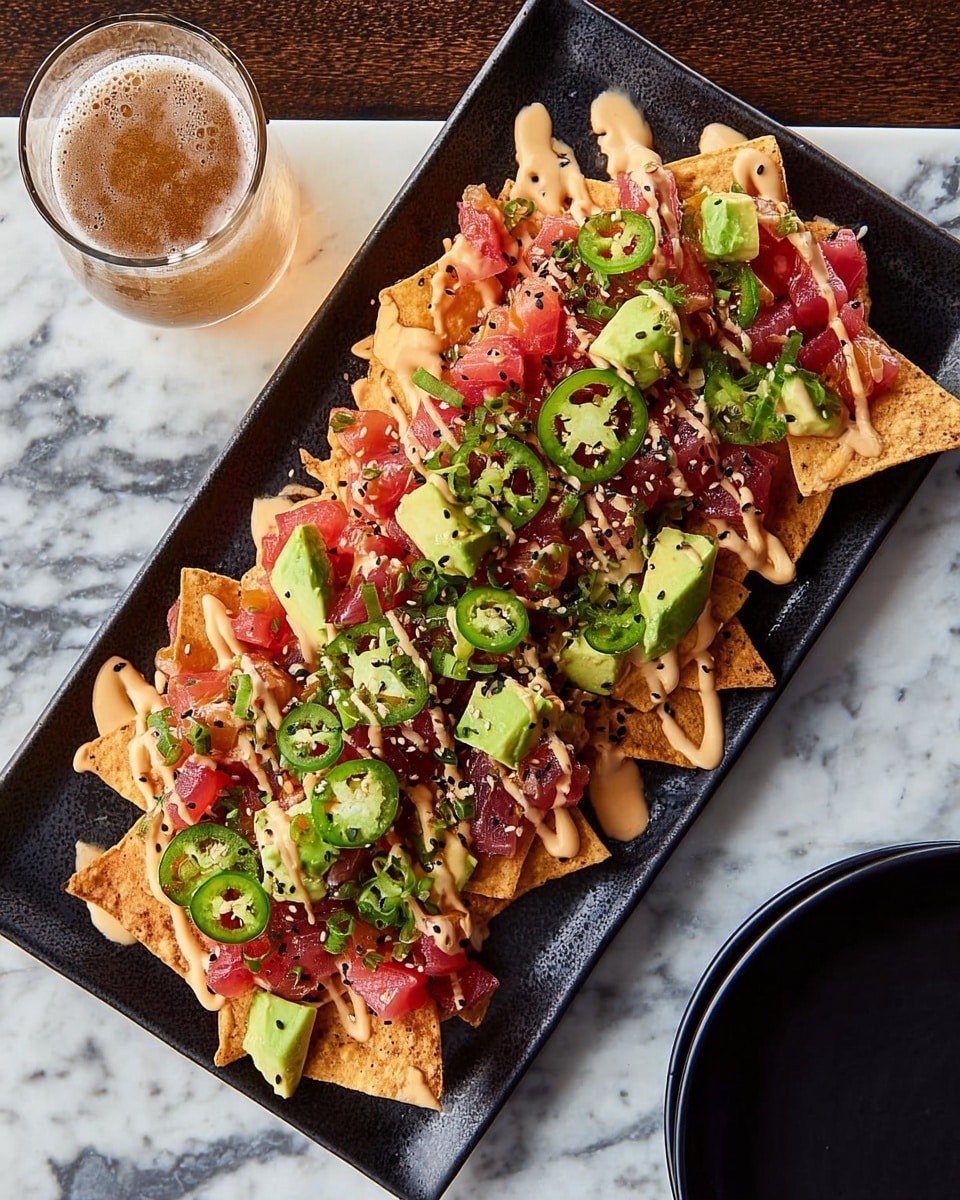 A rectangular black plate holds a single layer of golden brown crispy chips topped with bright red diced tuna, thinly sliced green jalapeño rings, and small avocado slices. A creamy light orange sauce is drizzled over the top, adding contrast. The chips and toppings create a colorful and textured presentation with a mix of crunchy, smooth, and fresh elements. The dish is placed on a white marbled surface with a clear glass of amber liquid near the top left and a partial view of another black rectangular plate at the bottom right. Photo taken with an iphone --ar 4:5 --v 7