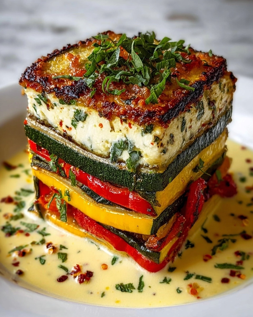 A tall, square layered vegetable dish sits on a white plate with a creamy sauce base sprinkled with herbs. The stack has five colorful layers, starting from the bottom with slices of roasted red pepper and zucchini, topped by bright yellow squash, another layer of green zucchini, followed by red pepper, and finished with a thick golden-brown crust that looks crispy and herb-speckled. Fresh green herbs rest on top as garnish, and melted cheese drips down one side, adding a shiny texture. The white marbled surface beneath adds a clean, bright look to the image. photo taken with an iphone --ar 4:5 --v 7