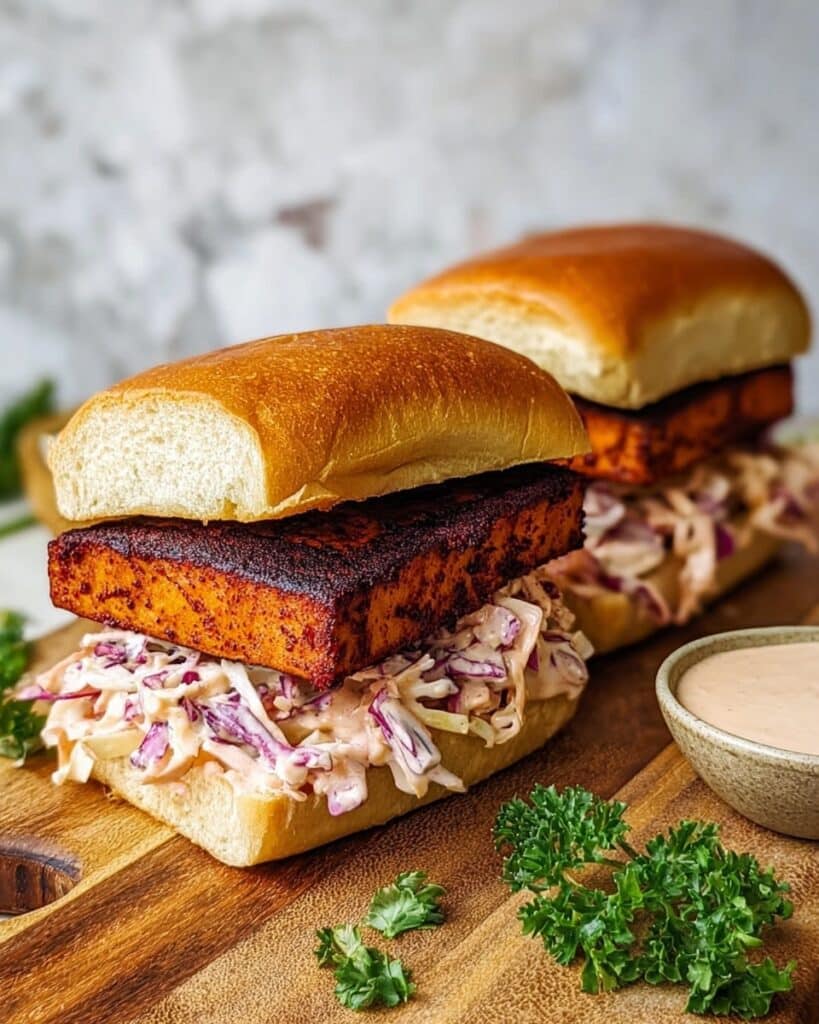 Crispy Cajun Blackened Tofu Sandwich with Zesty Sriracha Coleslaw Recipe