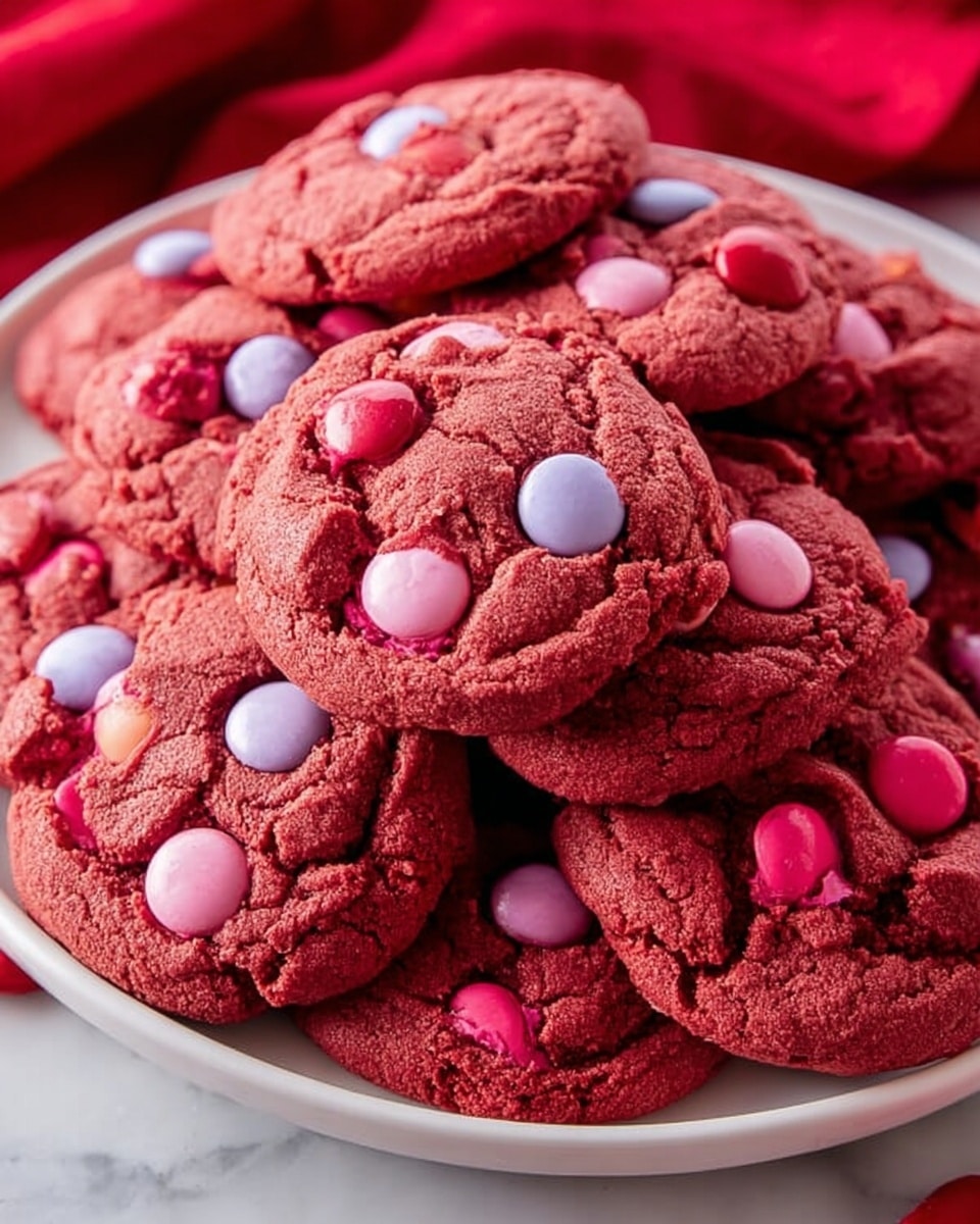 A white plate piled high with multiple large, round red velvet cookies that have a rough, cracked texture on top, each cookie studded with colorful red, pink, and light purple candy-coated chocolate pieces embedded in the surface. The candies show small cracks and glossy finishes that contrast with the soft, crumbly cookie base. The plate rests on a white marbled surface with a hint of red fabric blurred in the background. photo taken with an iphone --ar 4:5 --v 7
