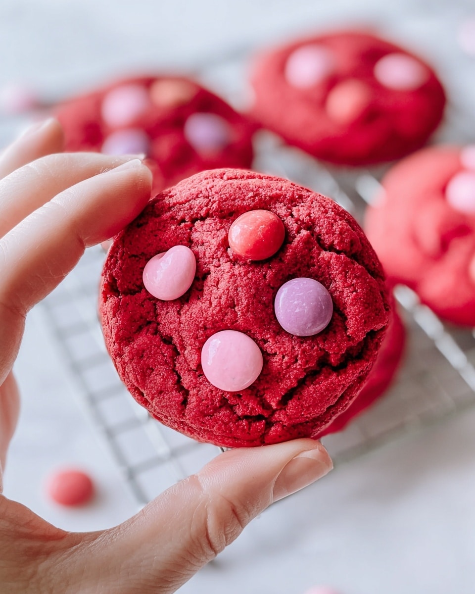 A close-up of a red cookie held between a woman's thumb and forefinger, showing a round, cracked surface with embedded red and pink candy-coated chocolates, some slightly sunken and one cracked; the cookie has a rough and soft texture with five visible candies placed unevenly across the top. In the blurred background, more similar red cookies rest on a white cooling rack on a white marbled surface. The photo captures the bright colors and texture in clear focus, with soft natural lighting. Photo taken with an iphone --ar 4:5 --v 7