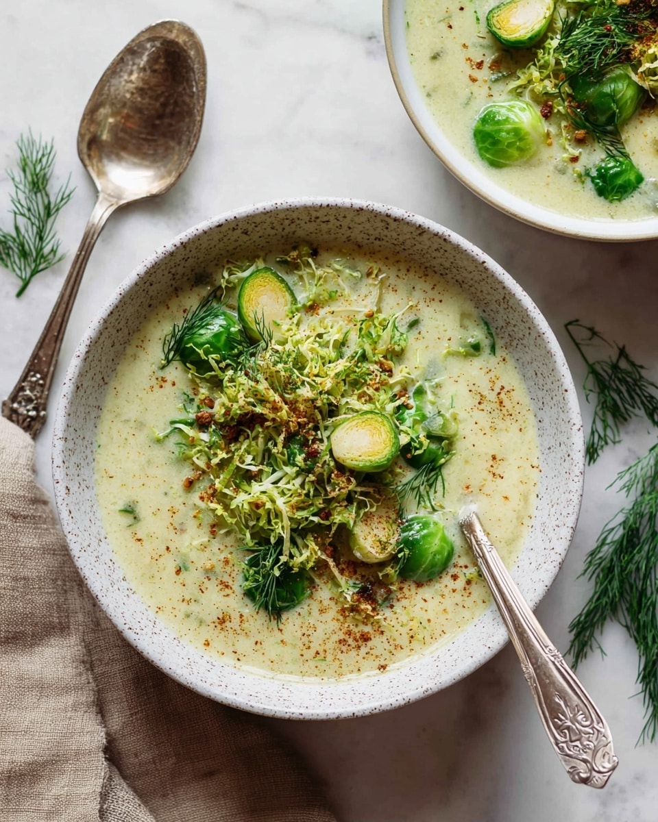 A white speckled bowl is filled with creamy pale green soup topped with bright green halved Brussels sprouts, shredded Brussels sprout leaves, fresh dill sprigs, and a sprinkling of brown spice and black pepper in the center. A tarnished silver spoon rests inside the bowl on the right side. Next to the bowl, on a white marbled surface, there is a vintage silver spoon with a detailed handle, and a sprig of fresh dill lies nearby. Part of a second bowl with the same soup and toppings is visible at the top right corner, over a khaki-colored cloth. photo taken with an iphone --ar 4:5 --v 7