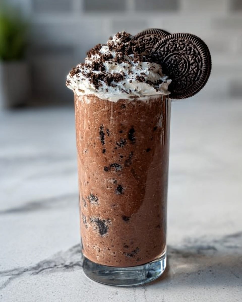A tall clear glass filled with a thick cookies and cream milkshake, showing a creamy light brown base mixed with dark cookie bits throughout. The milkshake is topped with a thick layer of white whipped cream, sprinkled generously with crushed chocolate cookie crumbs. On top, two whole dark chocolate sandwich cookies are placed leaning against the whipped cream near the edge of the glass. The glass is sitting on a white marbled surface with a slightly blurred kitchen background. Woman’s hand is not visible here. photo taken with an iphone --ar 4:5 --v 7