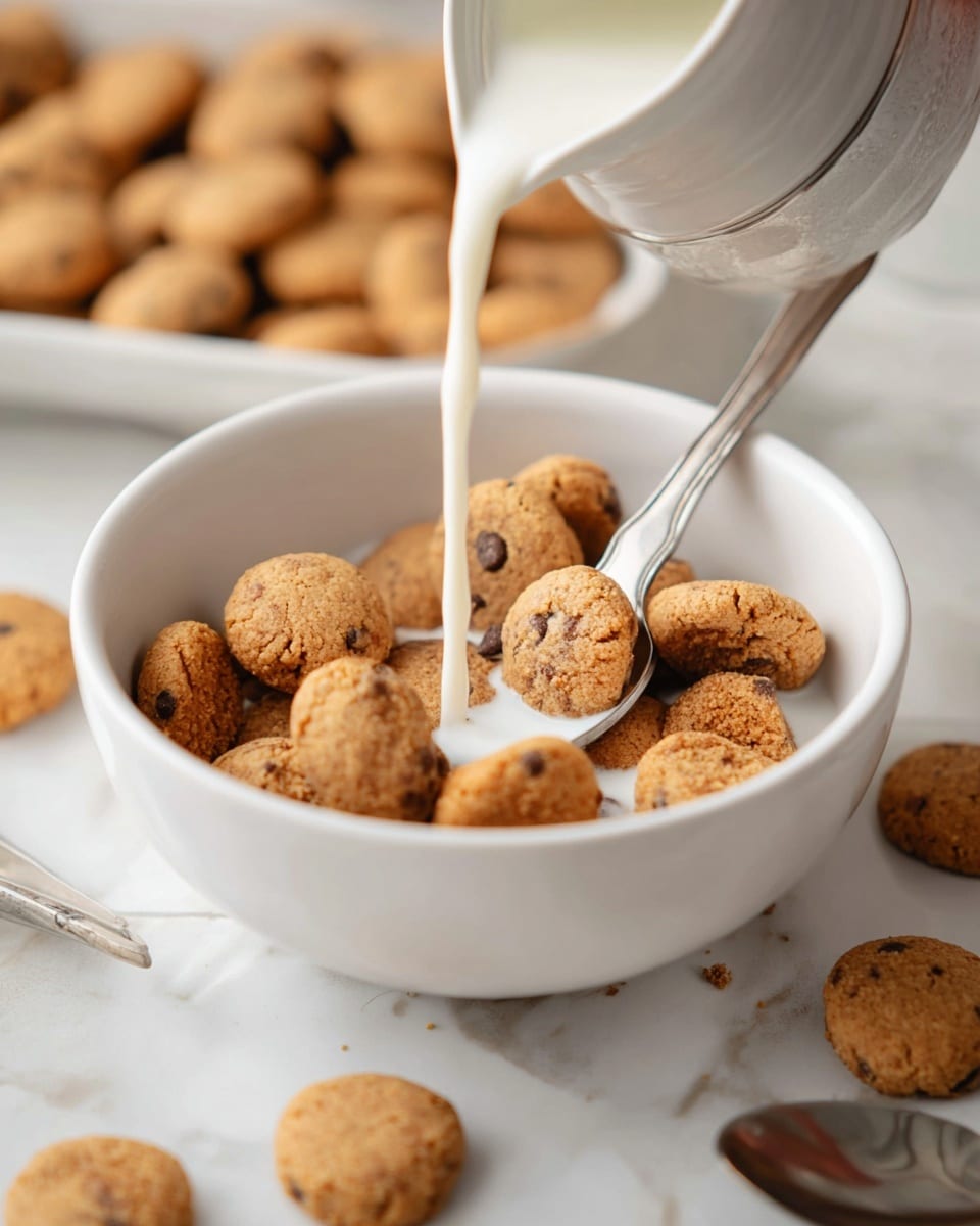 A white bowl filled with light brown small chocolate chip cookies soaking in milk, some cookies floating and some partially submerged, creating a mix of soft and crunchy textures; a shiny silver spoon rests inside the bowl on the right side, with a white spoon placed next to the bowl on a white marbled surface; in the background, a white tray is filled with more cookies, some scattered around the bowl, with a few broken cookie pieces visible. photo taken with an iphone --ar 4:5 --v 7