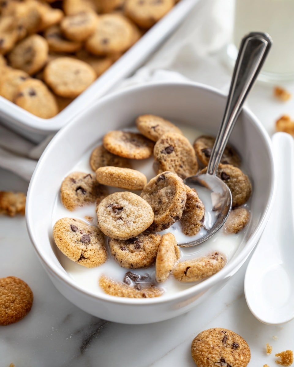 A white bowl is filled with small, round, light brown cookies with visible chocolate chips, some of which are partially soaked in milk at the bottom. A metal spoon stands inside the bowl overlapping the cookies. A white pitcher held by a woman's hand is pouring fresh, white milk into the bowl, creating a soft flow. Surrounding the bowl, there are more tiny cookies scattered on a white marbled surface, and in the blurred background, a white tray is filled with additional cookies. A shiny metal spoon rests on the surface next to the bowl. photo taken with an iphone --ar 4:5 --v 7